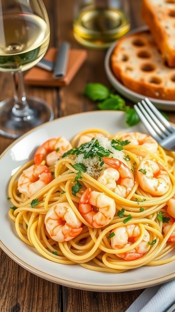 Garlic butter shrimp pasta on a plate, garnished with parsley and Parmesan, with wine and bread in the background.